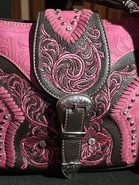 Montana West Pink and Brown Embroidered Buckle Shoulder Bag